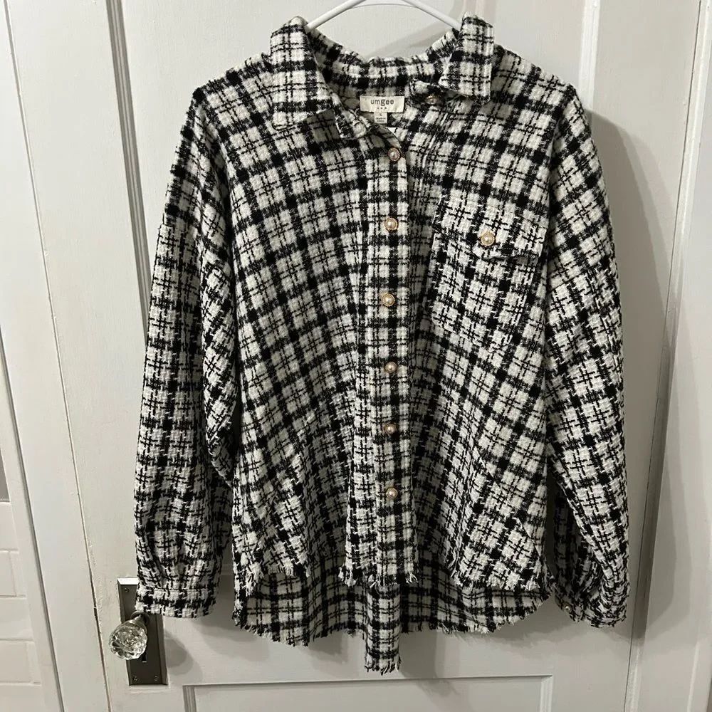 Umgee Black and White Plaid Button-Up Top